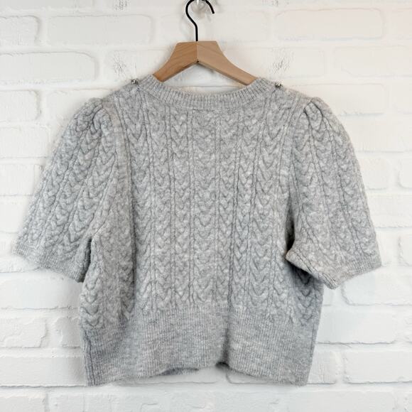 Express Gray Cozy Cable Knit Jewel Embellished Short Sleeve Cardigan Sweater M - Picture 7 of 11
